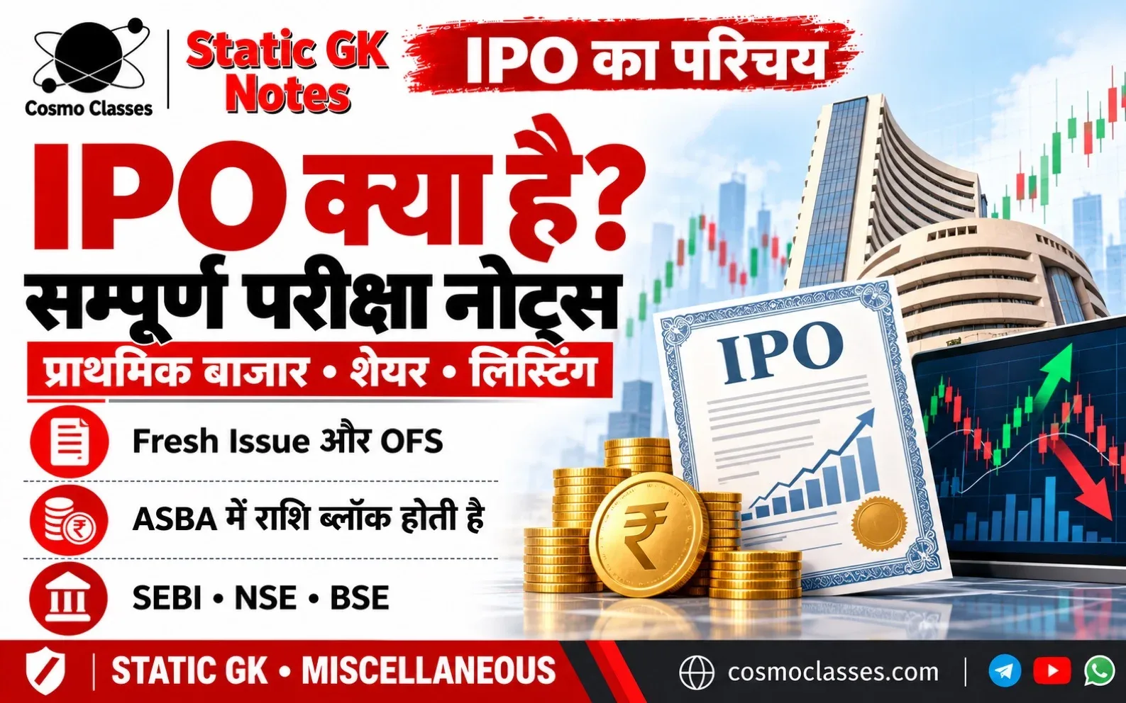 IPO की प्रक्रिया, Fresh Issue, OFS और ASBA समझाने वाला Cosmo Classes का शैक्षिक ग्राफिक
