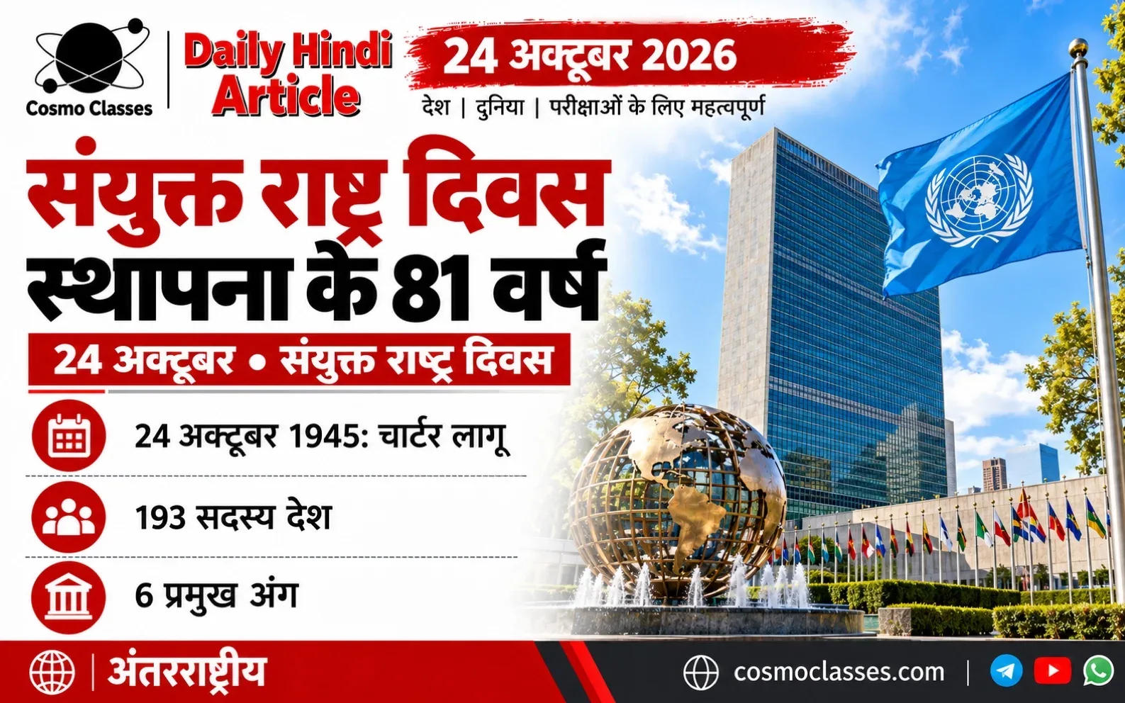संयुक्त राष्ट्र दिवस 2026, 81 वर्ष और प्रमुख तथ्य दर्शाता ग्राफिक, संयुक्त राष्ट्र भवन व नीले ध्वज का चित्रात्मक दृश्य