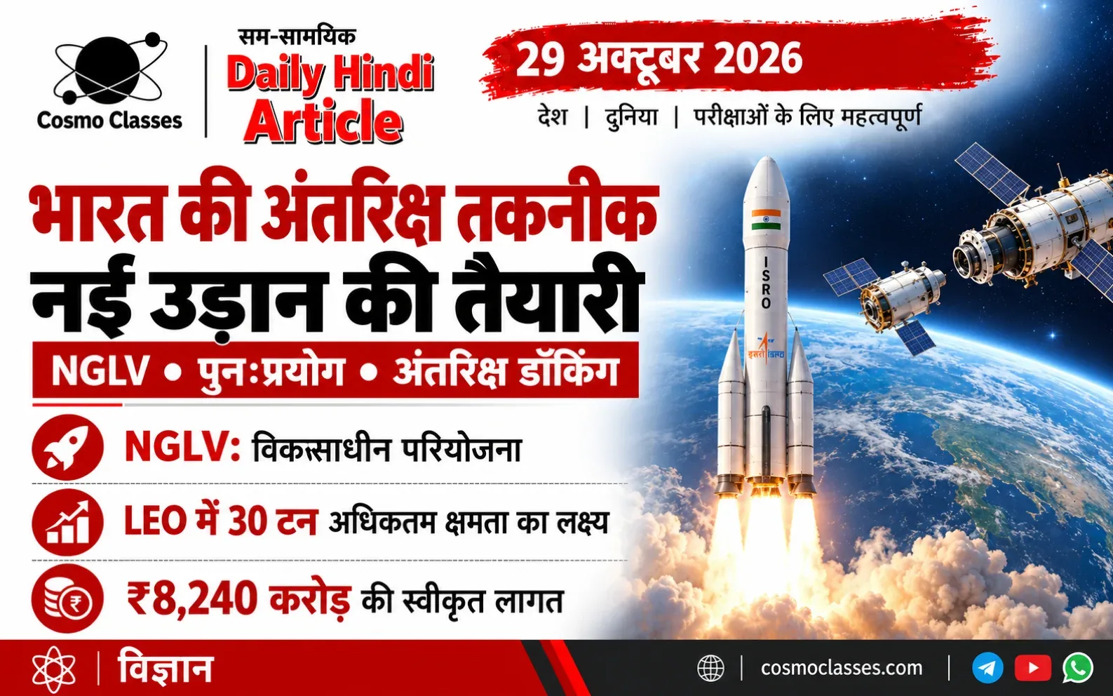 भारत की NGLV परियोजना और अंतरिक्ष डॉकिंग दर्शाता रॉकेट तथा अंतरिक्ष यानों का वैचारिक इन्फोग्राफिक