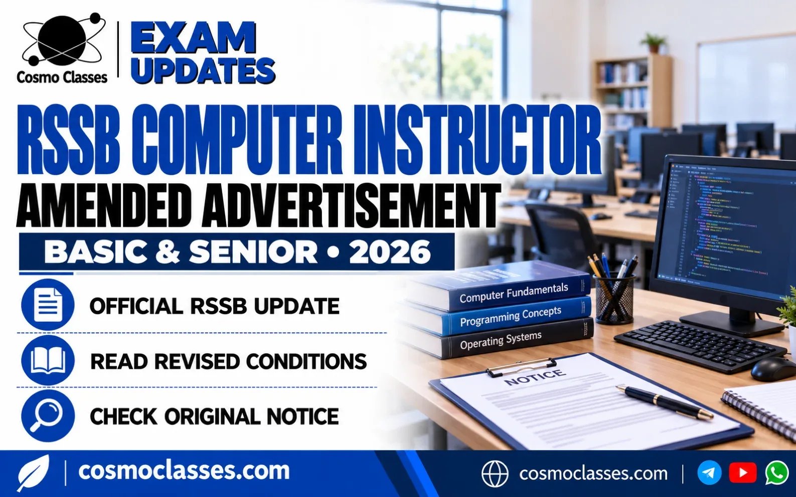 Blue Cosmo Classes graphic for RSSB Basic and Senior Computer Instructor 2026 amended advertisement