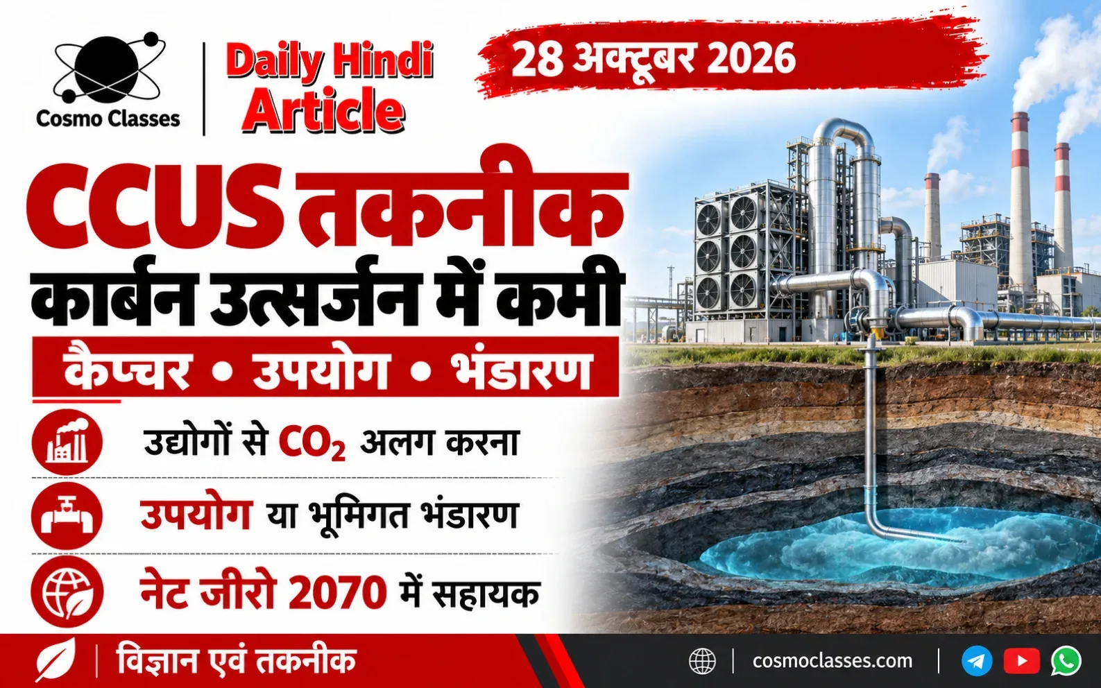 CCUS कार्बन कैप्चर संयंत्र और भूमिगत भंडारण की प्रक्रिया का चित्रात्मक इन्फोग्राफिक