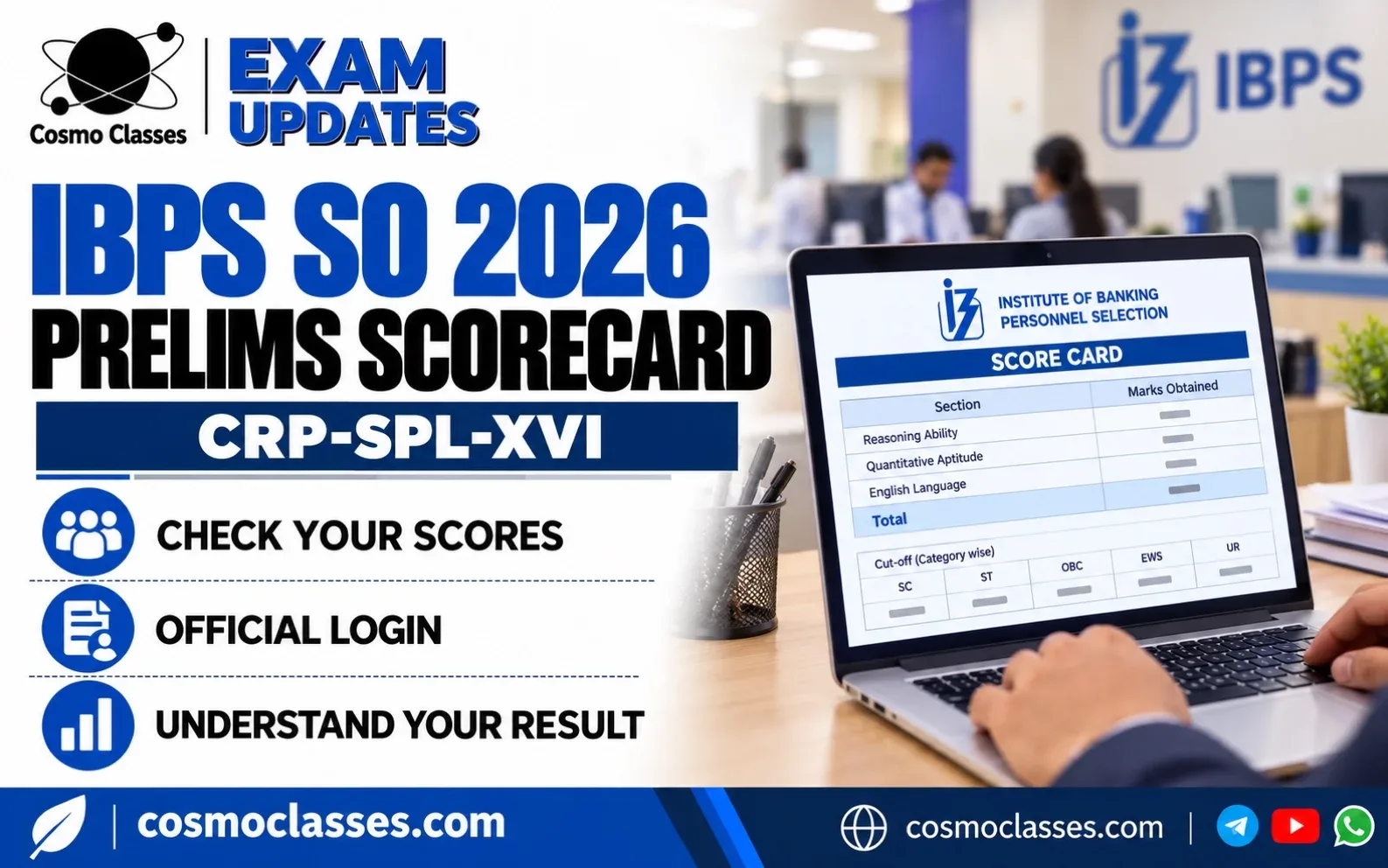 IBPS SO Prelims Scorecard 2026: CRP-SPL-XVI Scores — Cosmo Classes illustration