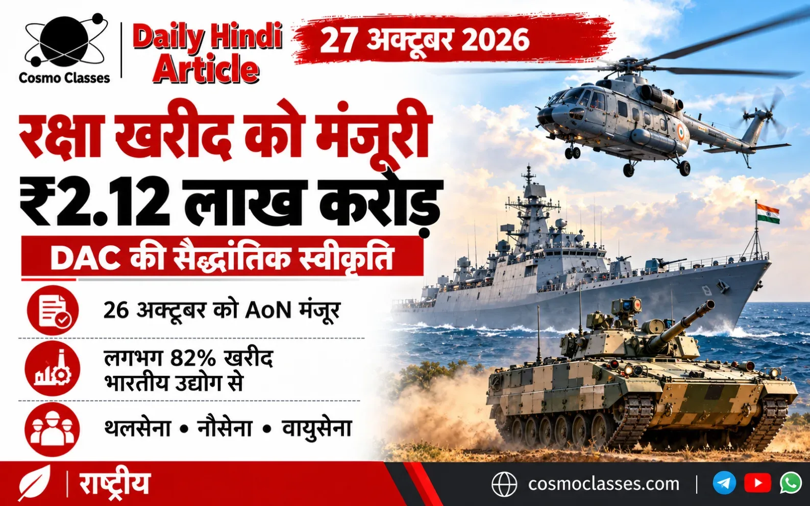 रक्षा अधिग्रहण प्रस्तावों को दर्शाते हेलिकॉप्टर, नौसैनिक पोत और बख्तरबंद वाहन का संपादकीय चित्र