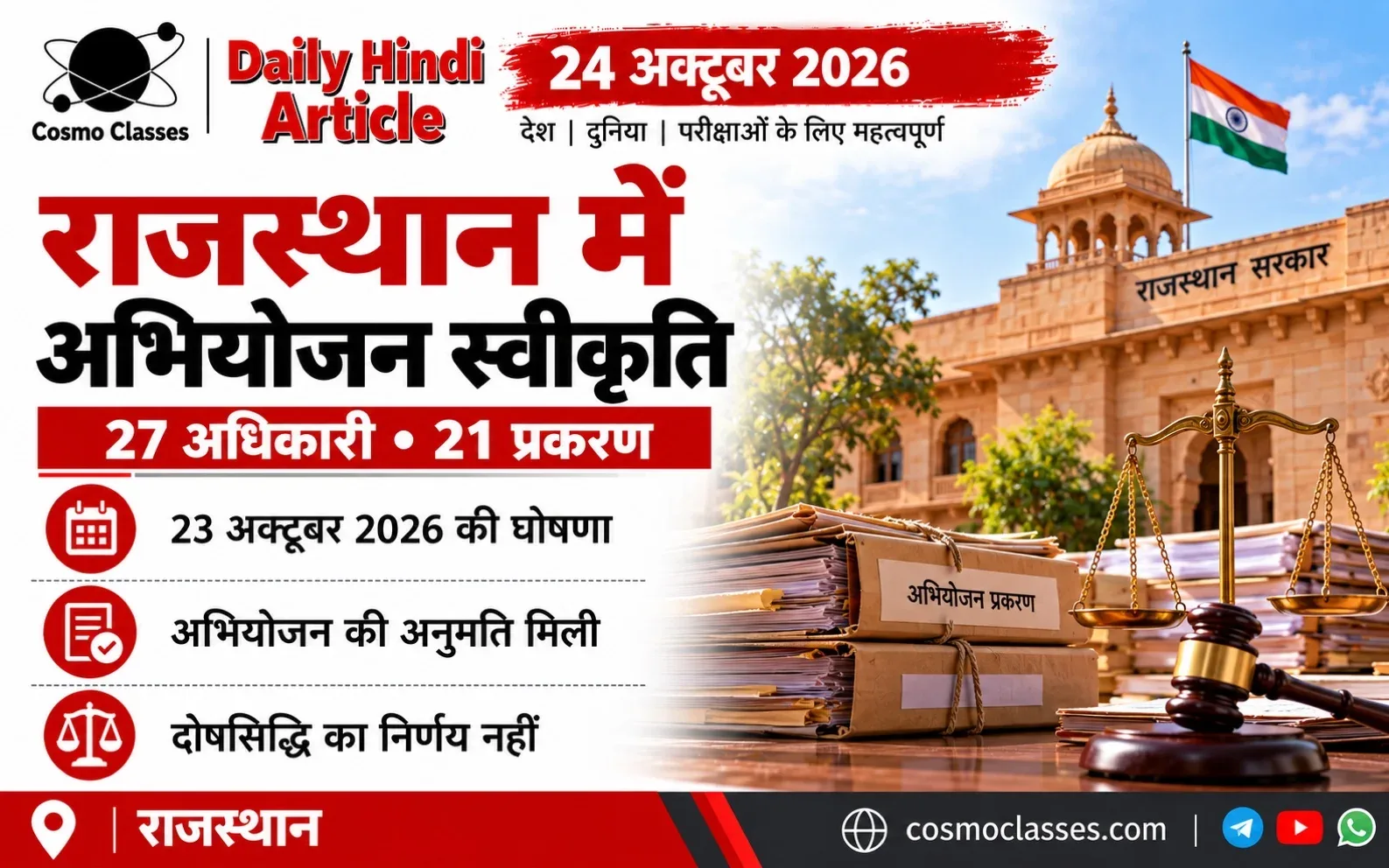 राजस्थान में अभियोजन स्वीकृति के 27 अधिकारी और 21 प्रकरण दर्शाता चित्रात्मक ग्राफिक, सरकारी भवन और केस फाइलों का सांकेतिक दृश्य