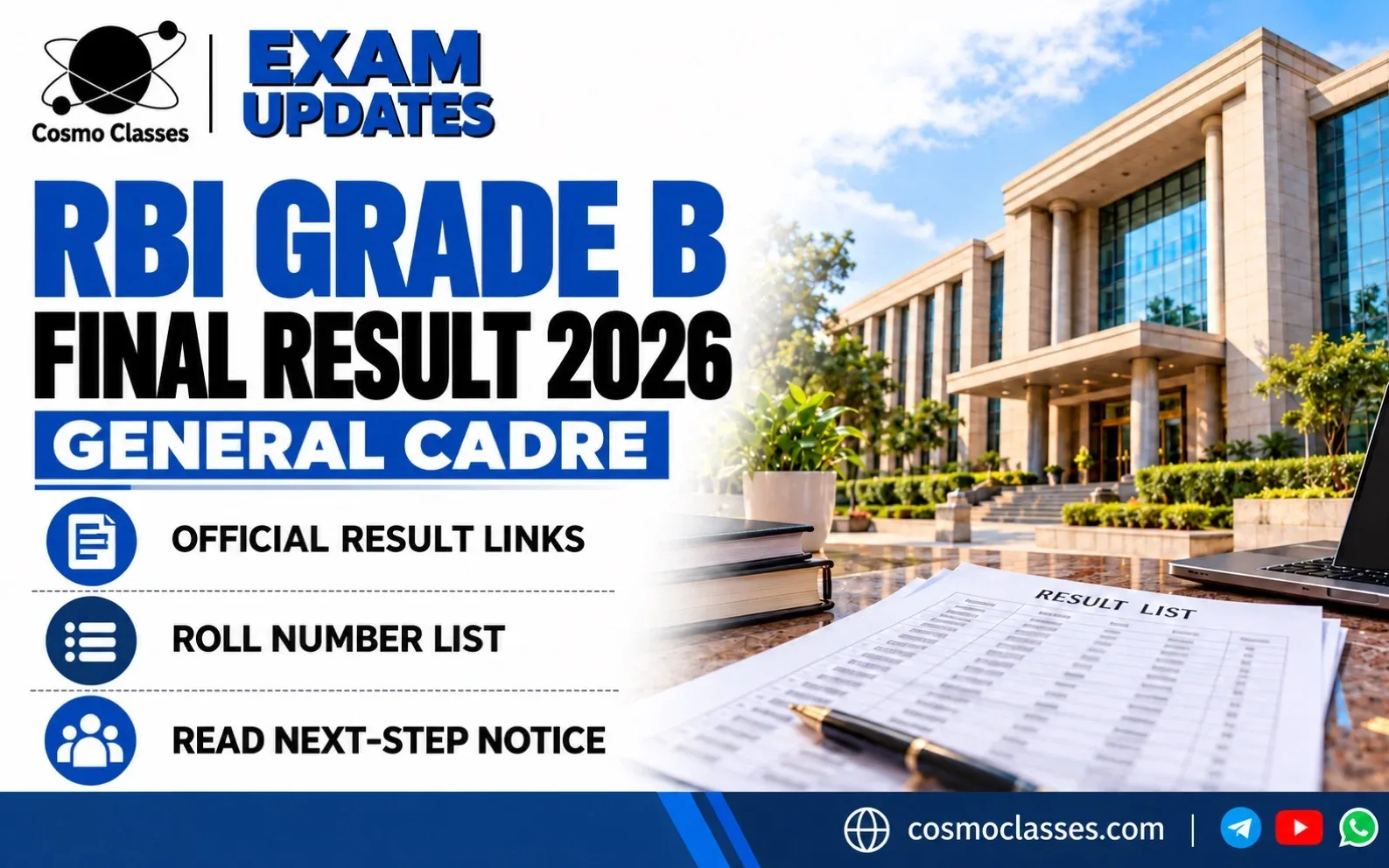 RBI Grade B Final Result 2026: General Cadre List and Attestation Steps — Cosmo Classes illustrated exam update