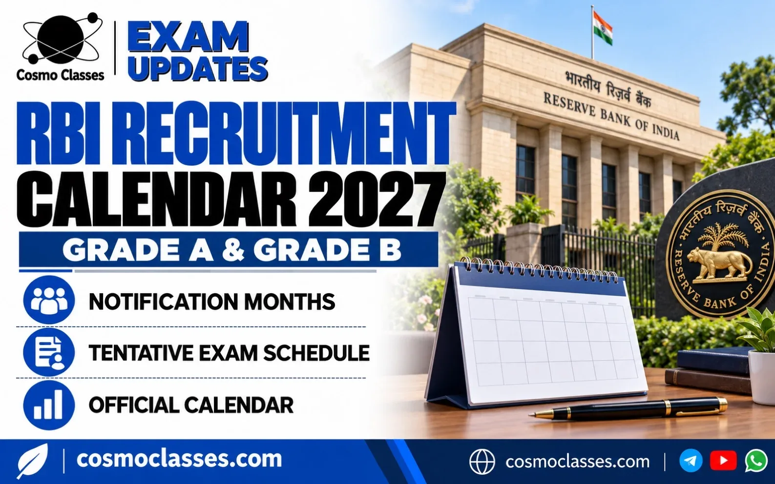 Blue Cosmo Classes RBI Recruitment Calendar 2027 feature showing Grade A and Grade B schedule topics
