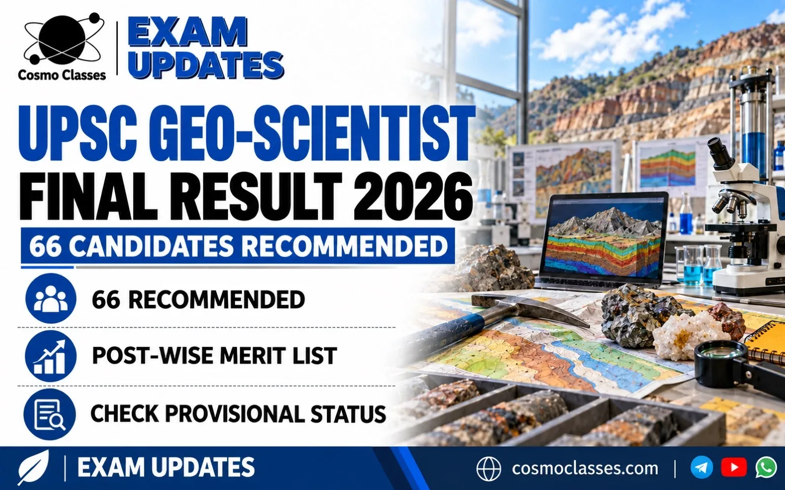 UPSC Geo-Scientist Final Result 2026: 66 Recommended, Merit List PDF — Cosmo Classes illustrated exam update