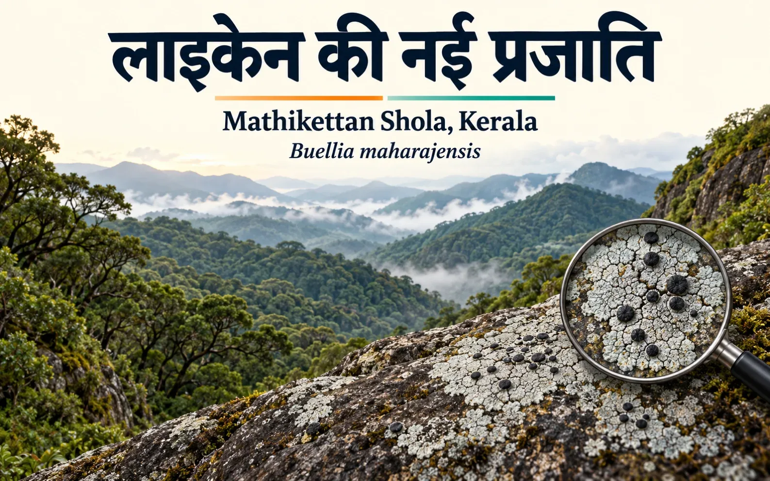 लाइकेन की नई प्रजाति Buellia maharajensis — Mathikettan Shola के वन और चट्टान पर लाइकेन का सांकेतिक चित्र