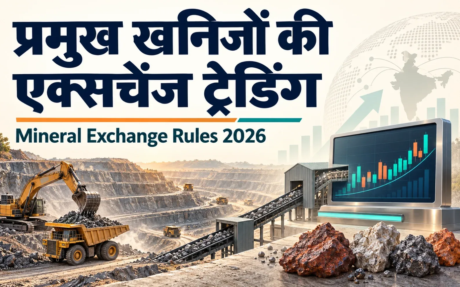 प्रमुख खनिजों की एक्सचेंज ट्रेडिंग — Mineral Exchange Rules 2026, खदान और डिजिटल ट्रेडिंग का सांकेतिक चित्र