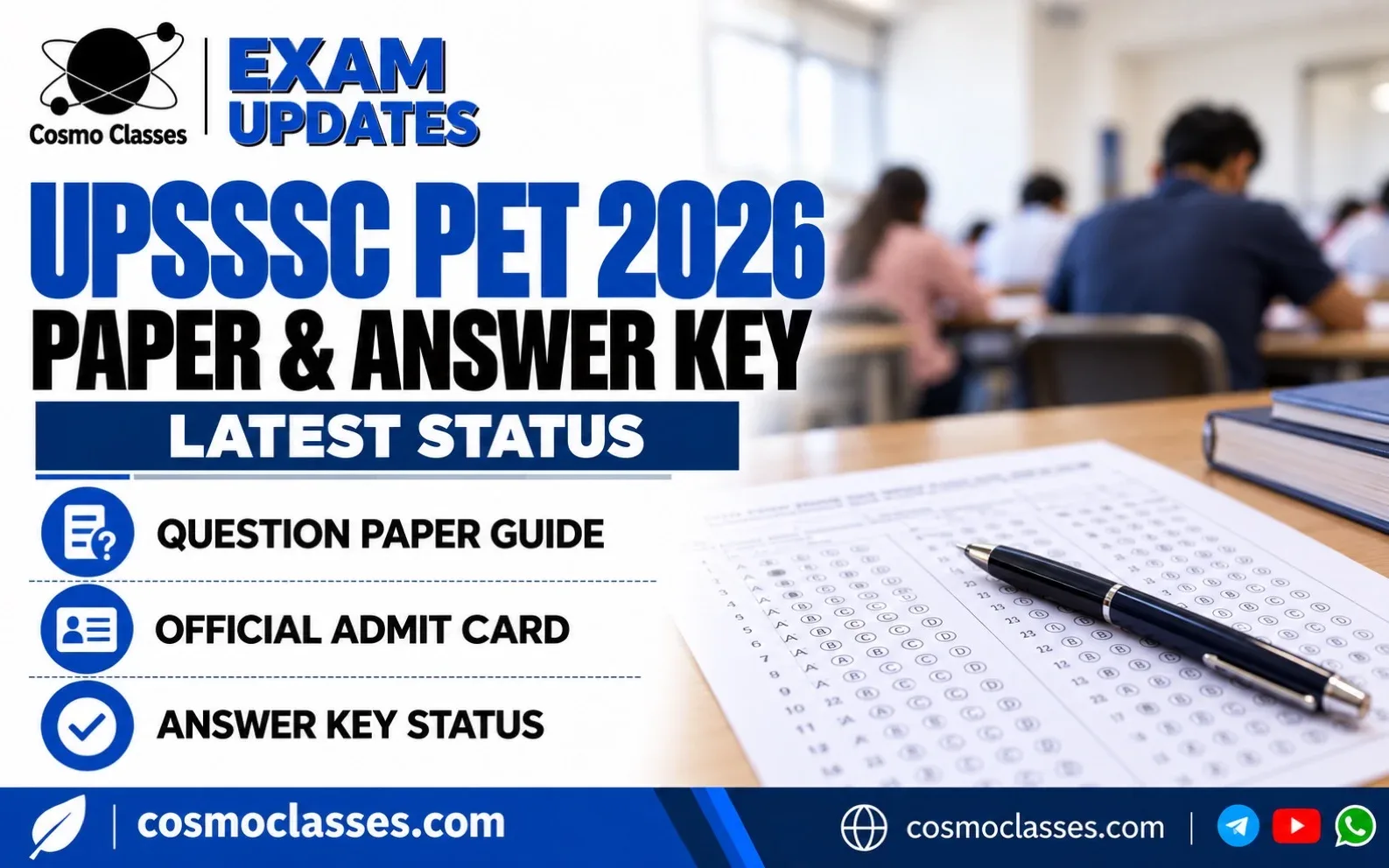 Blue Cosmo Classes graphic for UPSSSC PET 2026 admit card, question paper guide and answer-key status