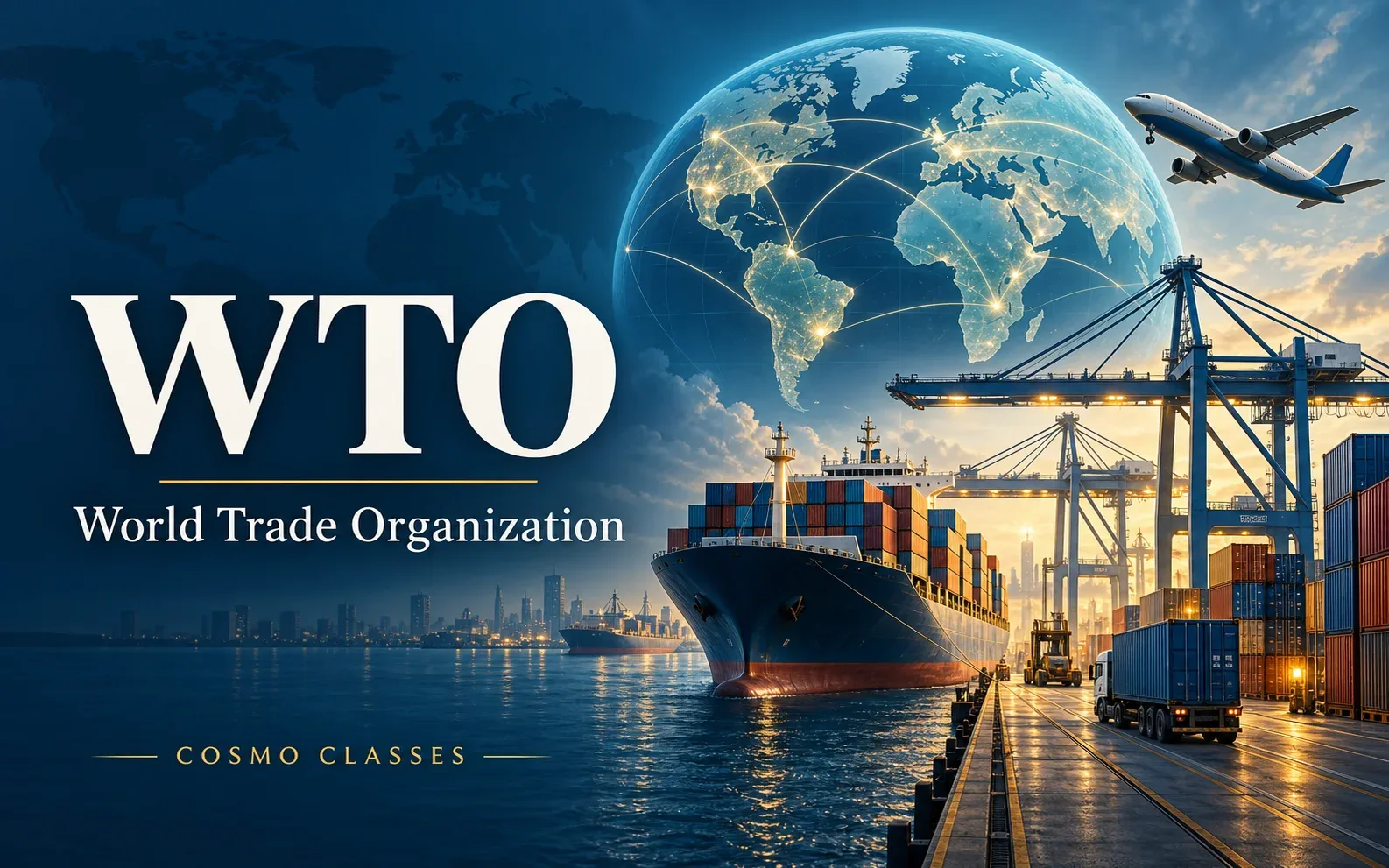 WTO और समुद्री व हवाई वैश्विक व्यापार का चित्रण