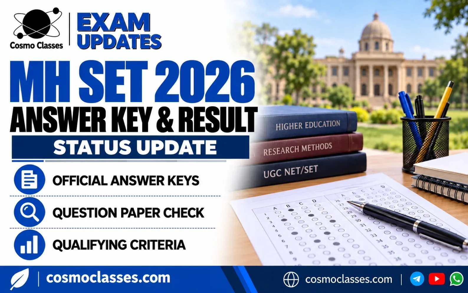 Blue Cosmo Classes MH SET 2026 graphic about official answer-key and result status without a release-date claim