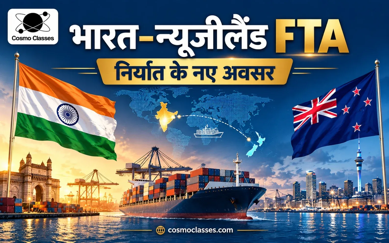 भारत और न्यूज़ीलैंड के झंडों के साथ मुक्त व्यापार और भारतीय निर्यात का सांकेतिक चित्र