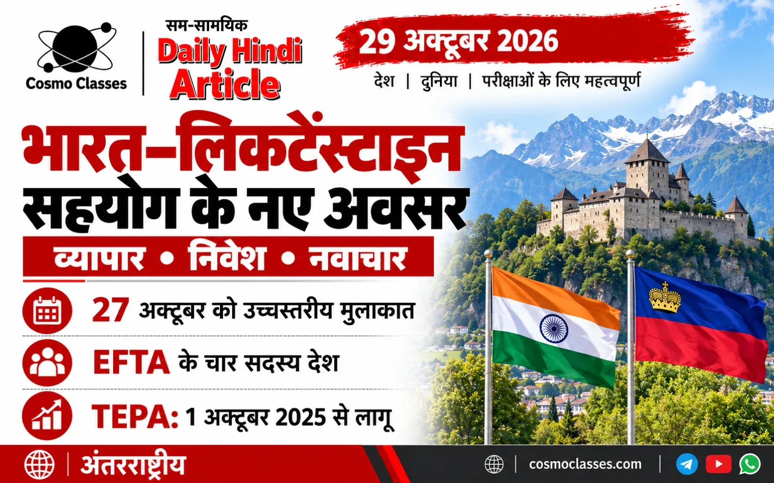 भारत और लिकटेंस्टाइन के ध्वज तथा पर्वतीय दुर्ग के साथ TEPA सहयोग का चित्रात्मक इन्फोग्राफिक