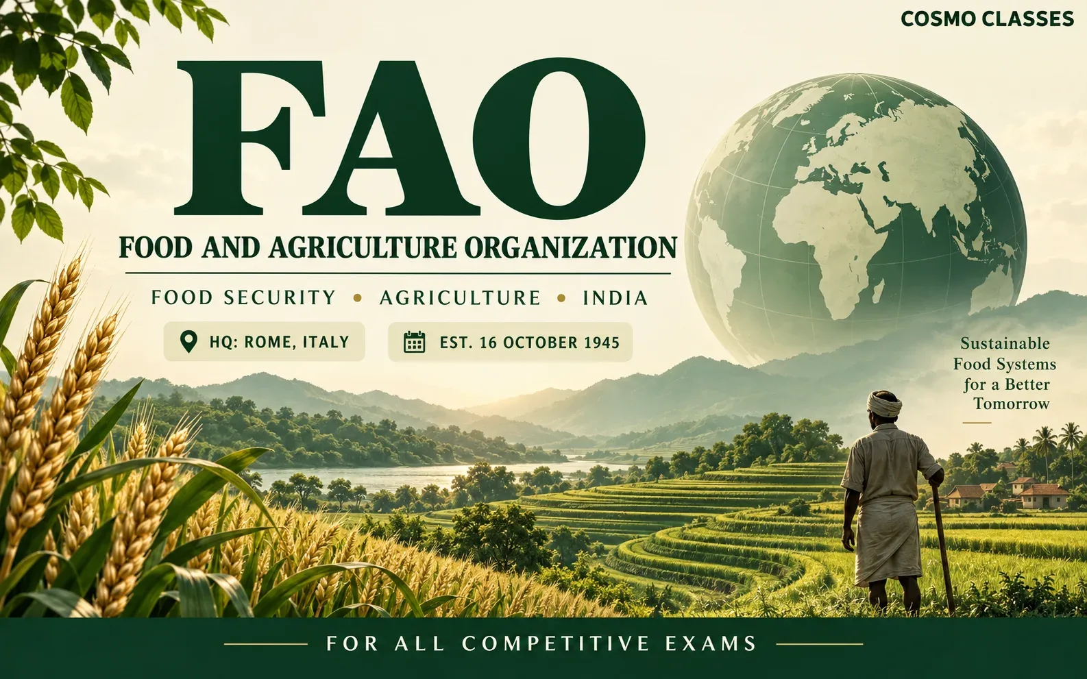 FAO headquarters in Rome, establishment on 16 October 1945, food security and agriculture — Cosmo Classes