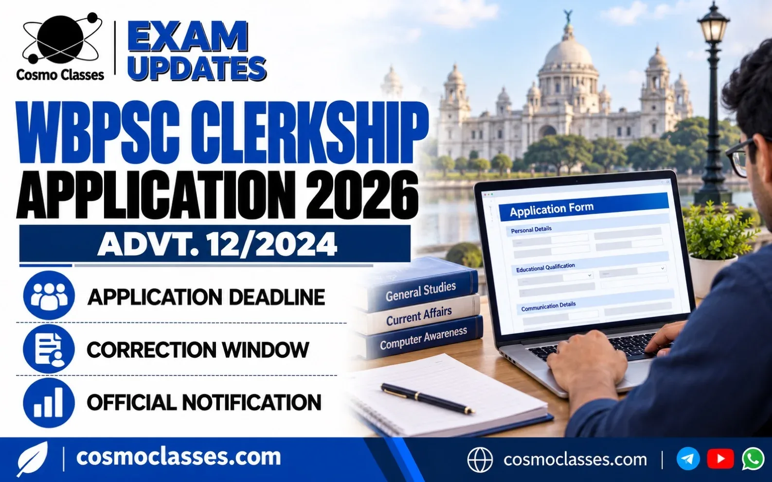 Blue Cosmo Classes WBPSC Clerkship application graphic showing Advt. 12/2024, deadline and correction-window topics