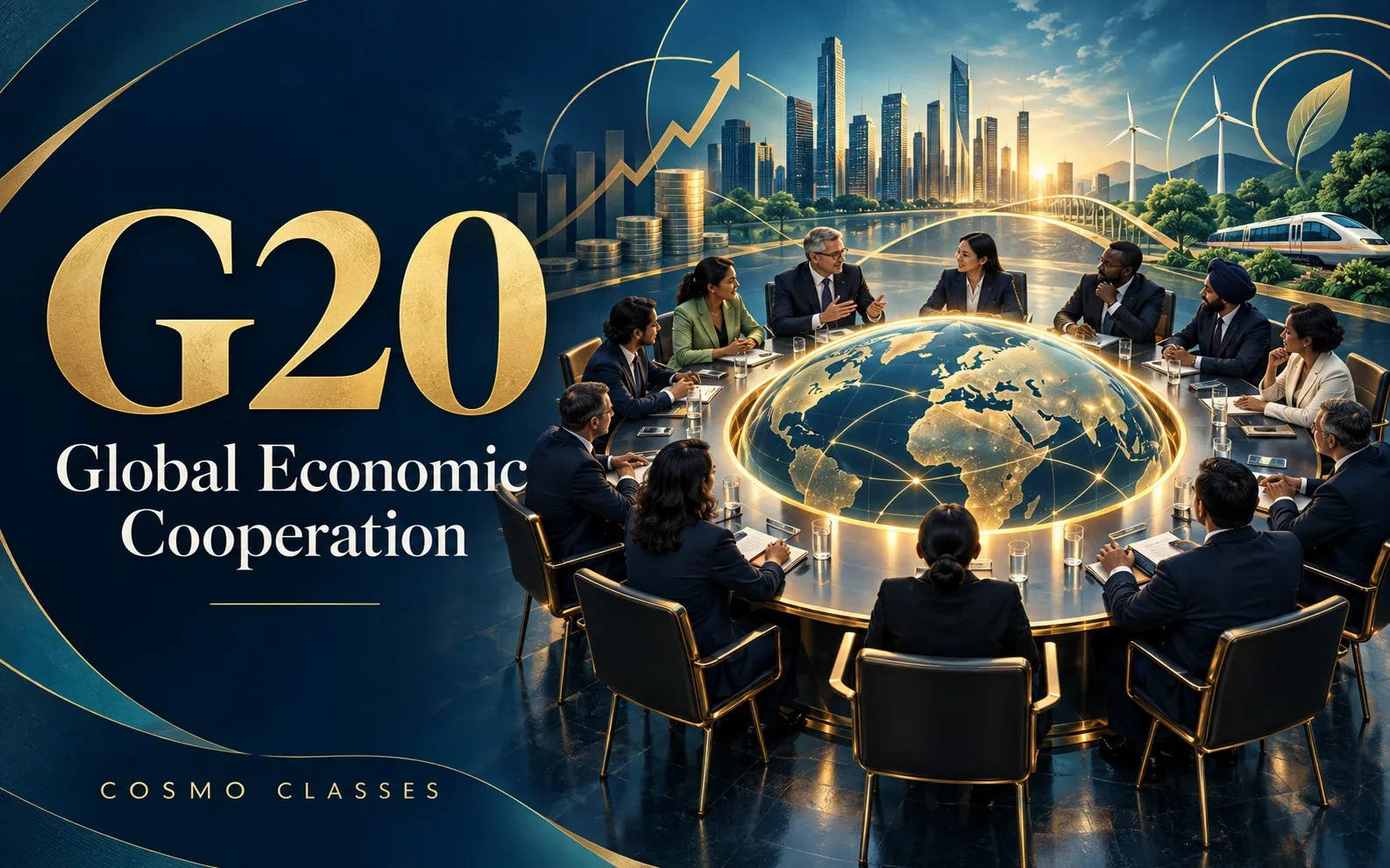 G20 के आर्थिक सहयोग और सतत विकास का चित्रण