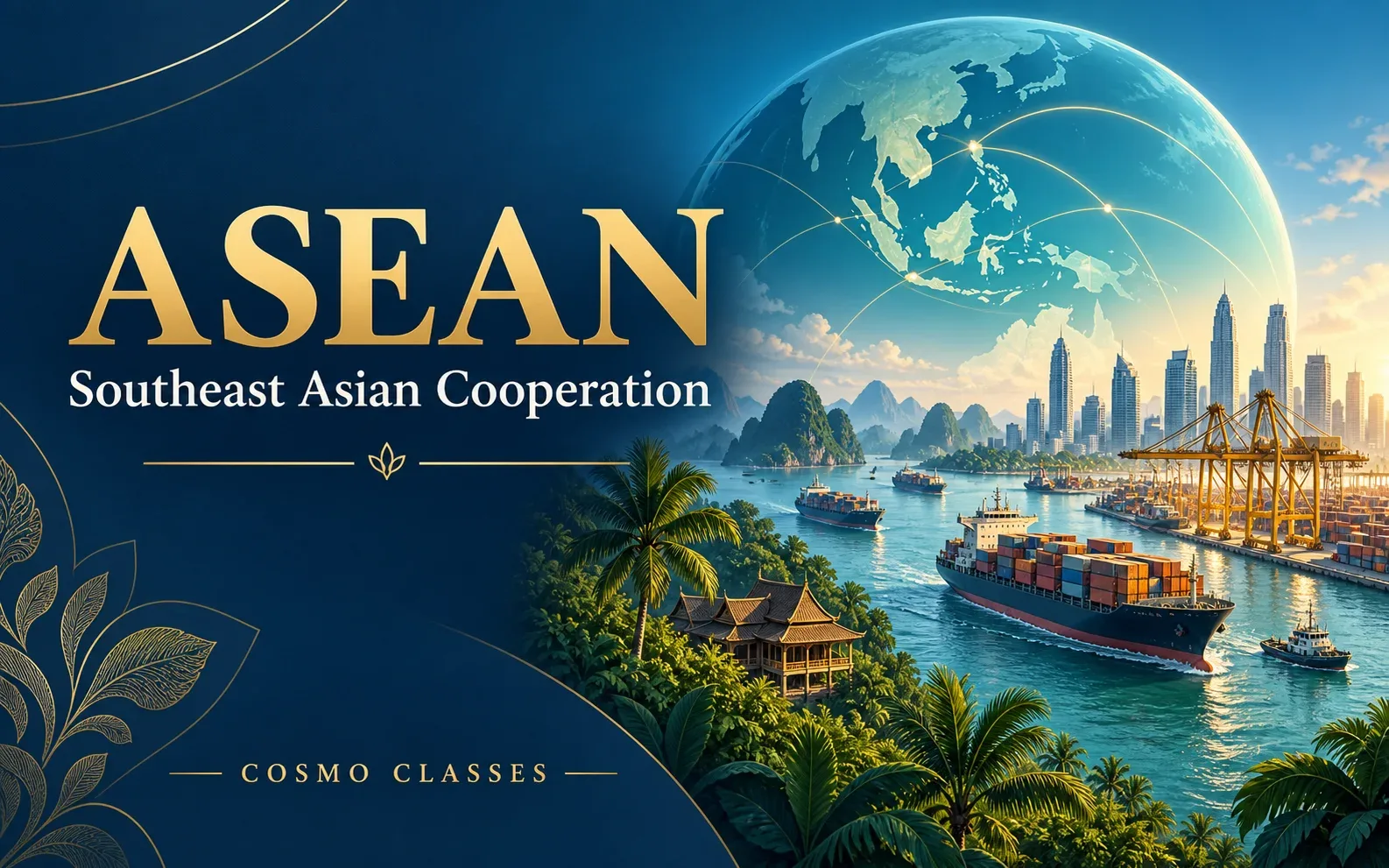 ASEAN: दक्षिण-पूर्व एशिया के व्यापार, समुद्री संपर्क और क्षेत्रीय सहयोग का चित्रण