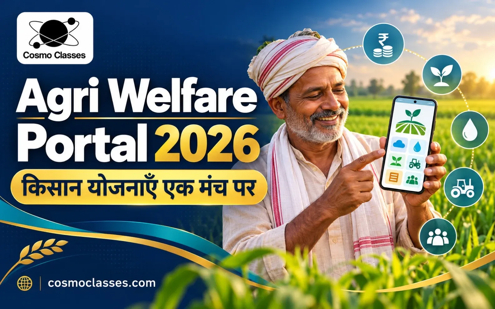 खेत में मोबाइल पर कृषि सेवाएँ देखते किसान का Agri Welfare Portal संबंधी सांकेतिक चित्र