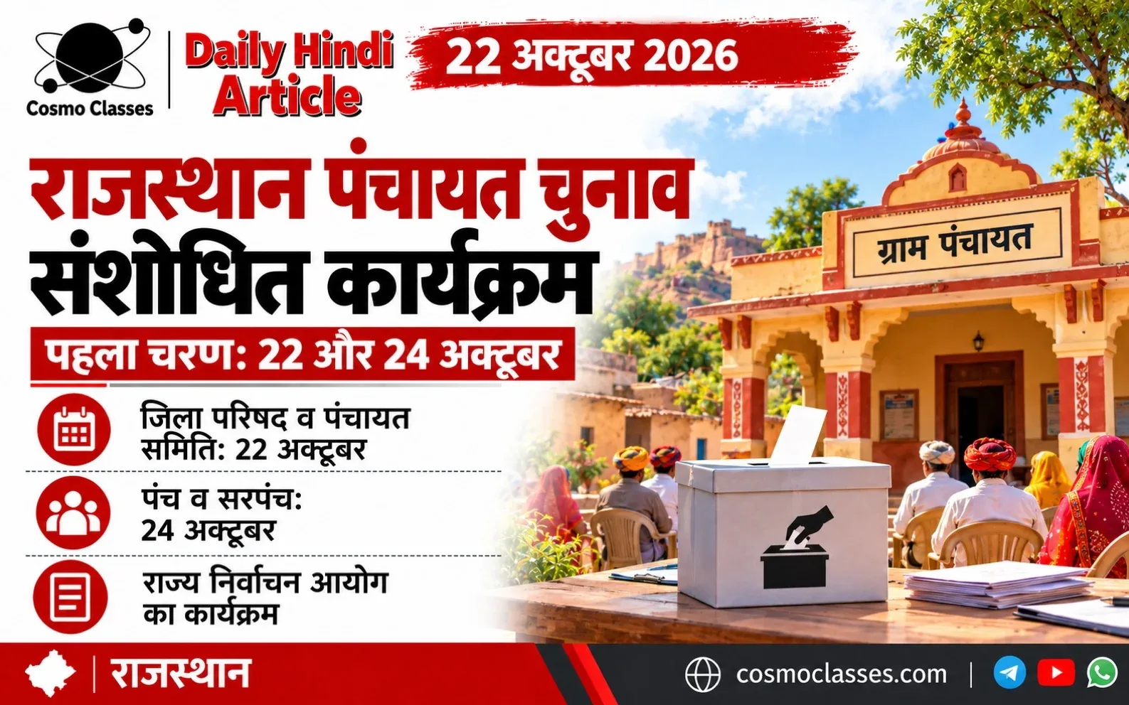 राजस्थान पंचायत चुनाव 2026 की तारीखों और ग्रामीण मतदान का चित्रात्मक प्रस्तुतीकरण, Cosmo Classes लोगो सहित