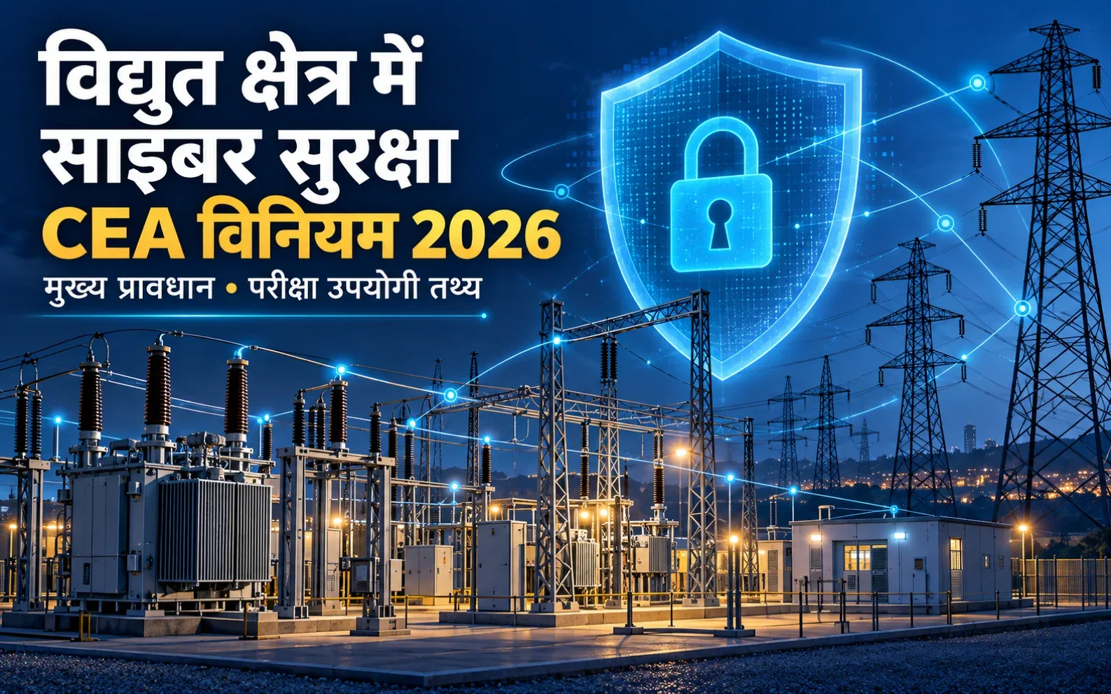 विद्युत उपकेंद्र और पावर ग्रिड पर साइबर सुरक्षा शील्ड का सांकेतिक चित्र — CEA विनियम 2026