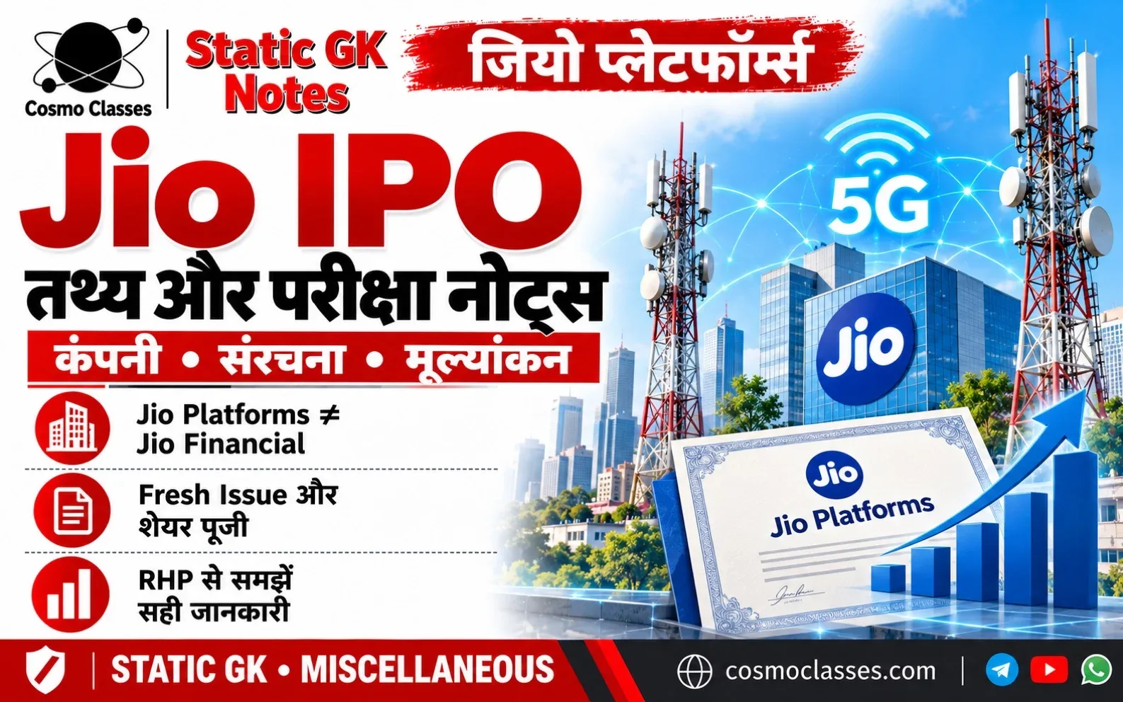 Jio Platforms IPO की कंपनी, संरचना और मूल्यांकन समझाने वाला Cosmo Classes का शैक्षिक ग्राफिक